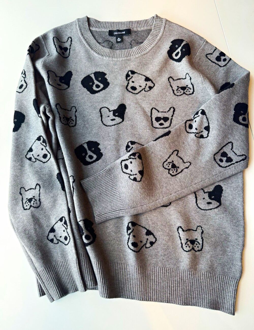 Anthropologie Calligraphie Women's Knit Jacquard Dog Print Crewneck Sweater XL